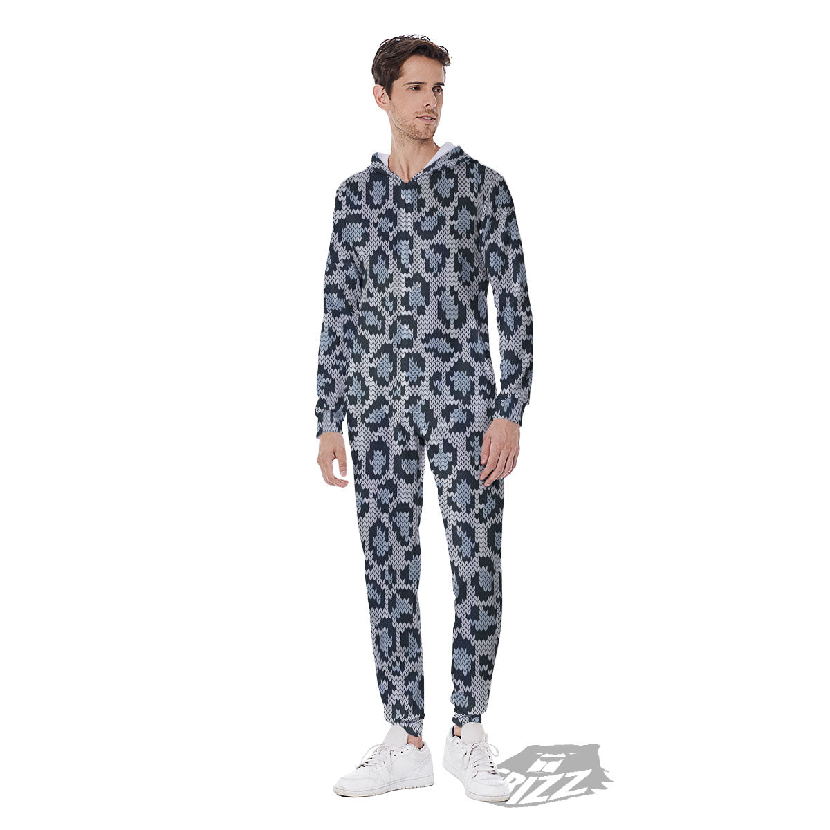 Knitted Snow Leopard Print Pattern Men's Jumpsuit-grizzshop