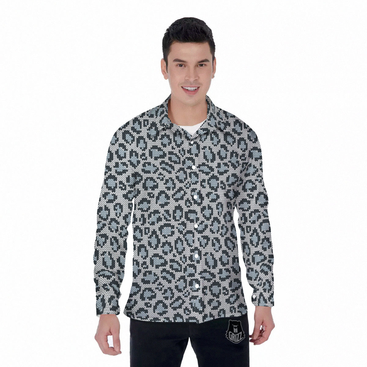 Knitted Snow Leopard Print Pattern Men's Long Sleeve Shirts-grizzshop