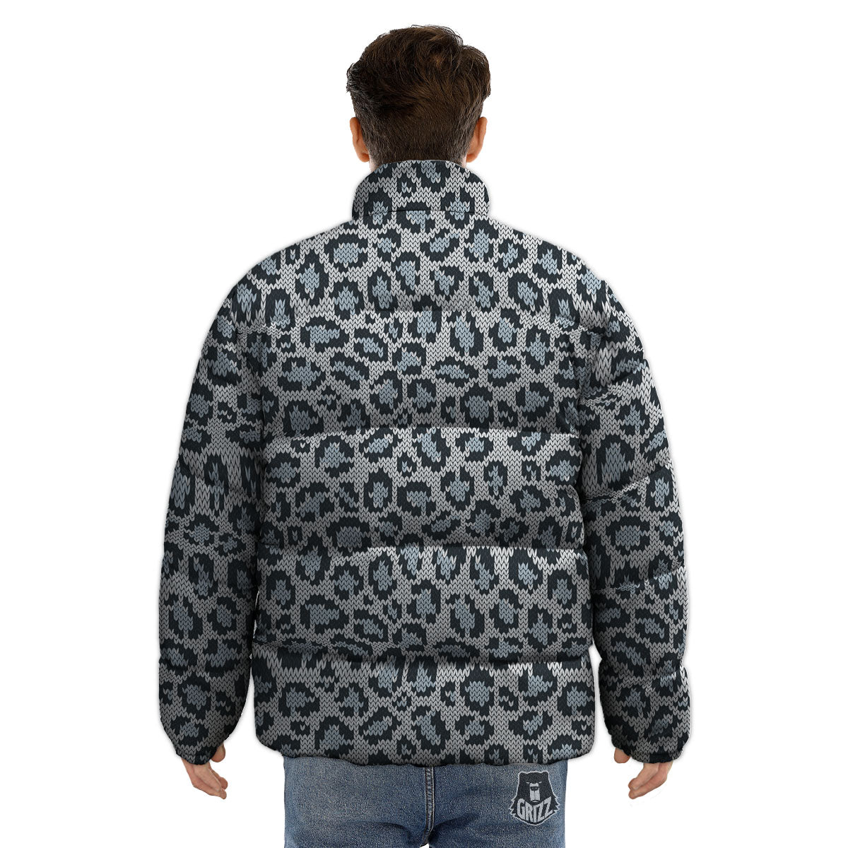 Knitted Snow Leopard Print Pattern Puffer Jacket-grizzshop