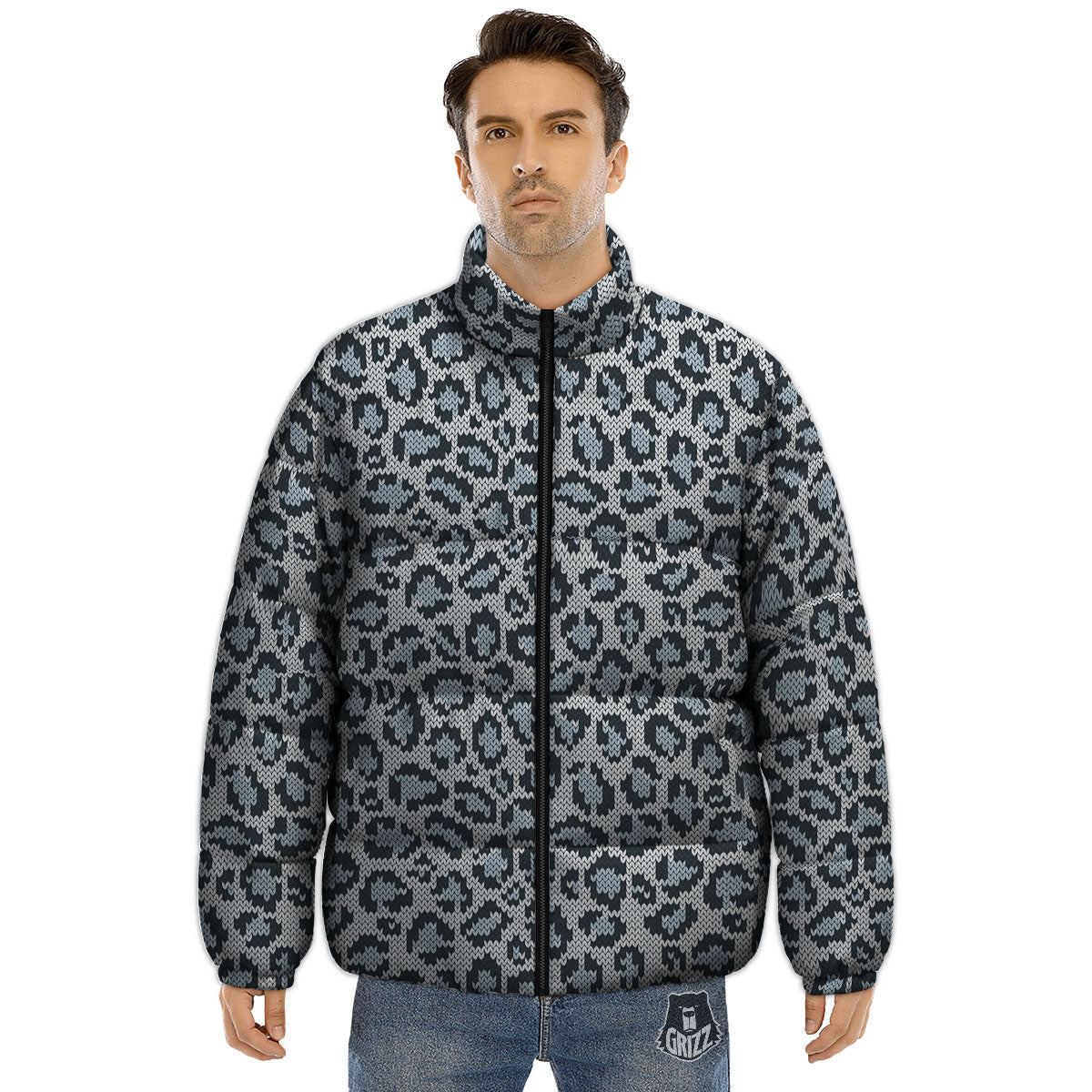 Knitted Snow Leopard Print Pattern Puffer Jacket-grizzshop
