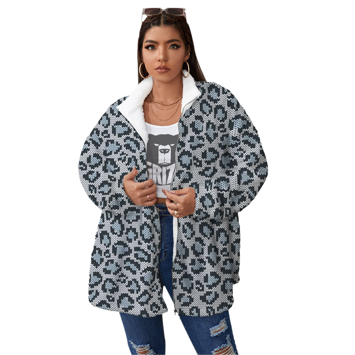 Knitted Snow Leopard Print Pattern Women's Sherpa Jacket-grizzshop