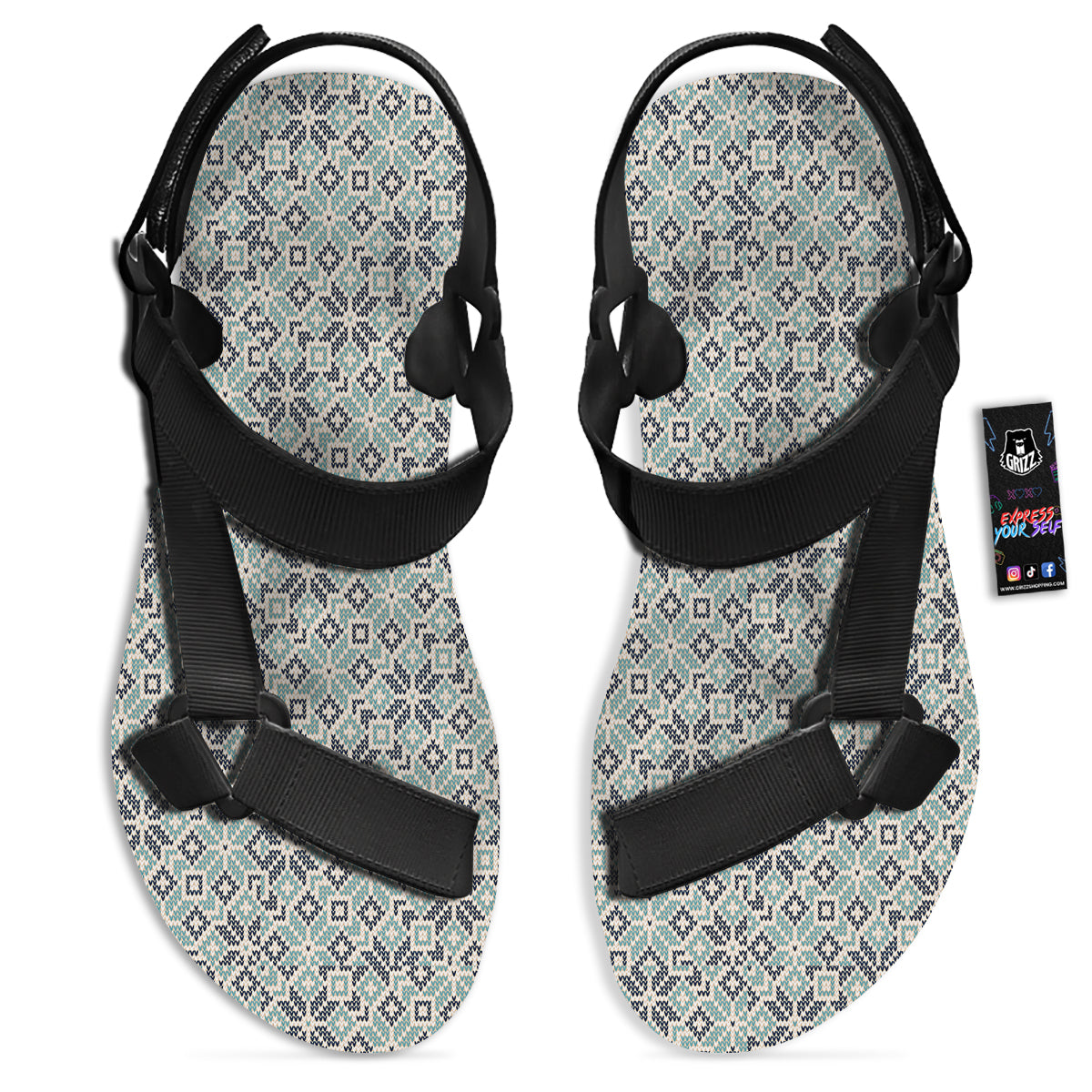 Knitted Snow Print Pattern Black Open Toe Sandals-grizzshop