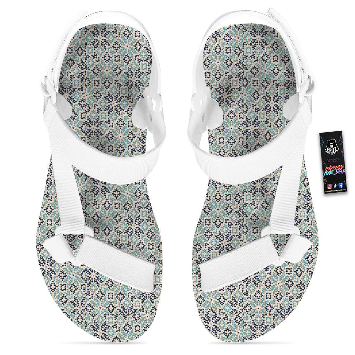 Knitted Snow Print Pattern White Open Toe Sandals-grizzshop