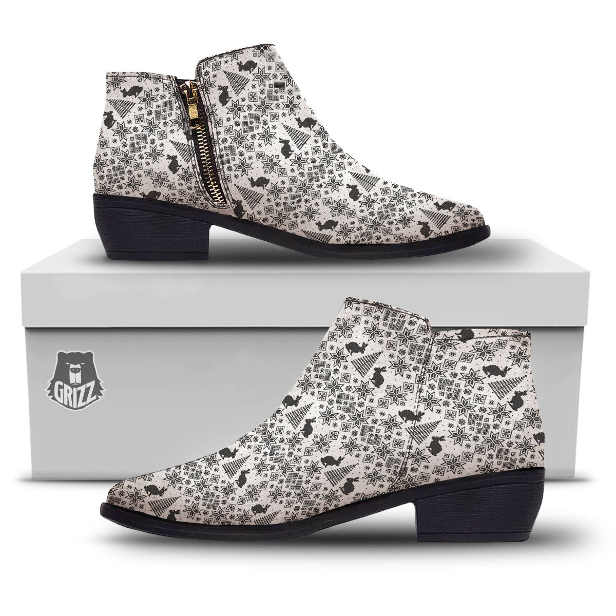 Knitted Snow Rabbit Print Pattern Ankle Boots-grizzshop