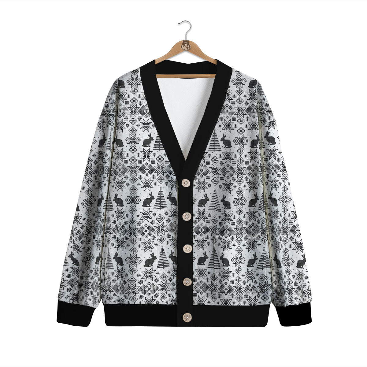 Knitted Snow Rabbit Print Pattern Cardigan-grizzshop