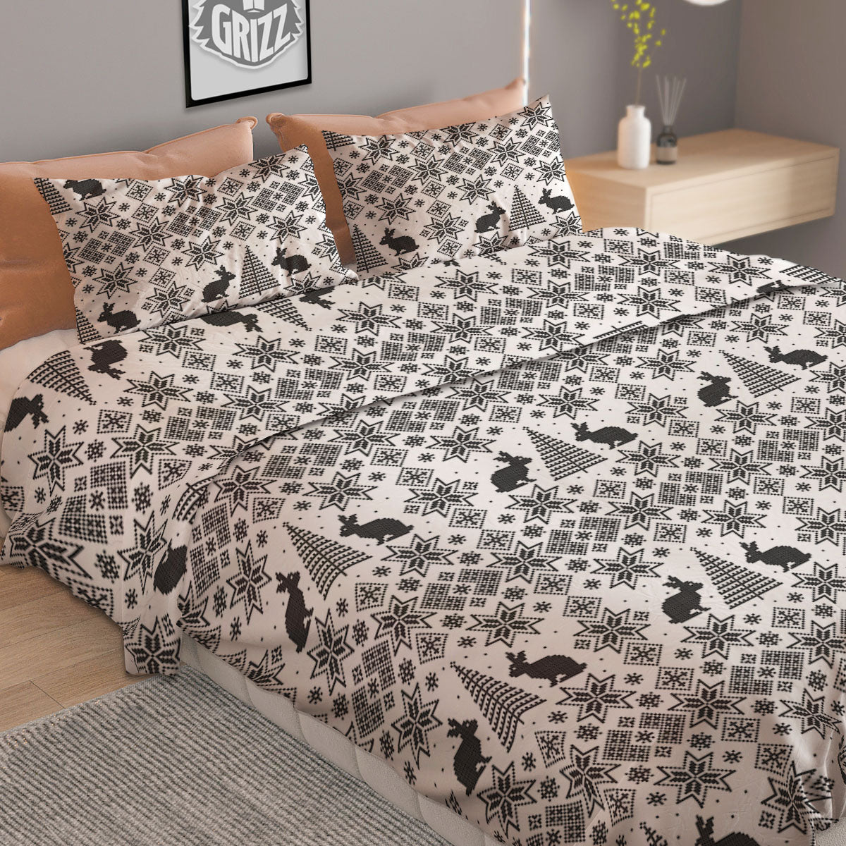 Knitted White And Black Print Pattern Duvet Cover Bedding Set