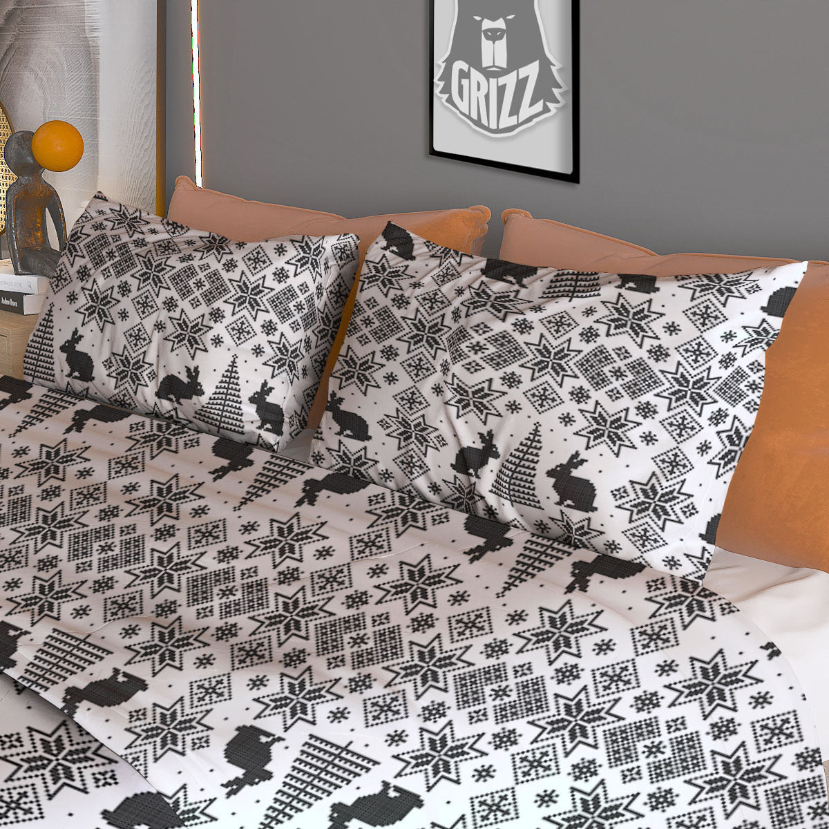 Knitted White And Black Print Pattern Duvet Cover Bedding Set