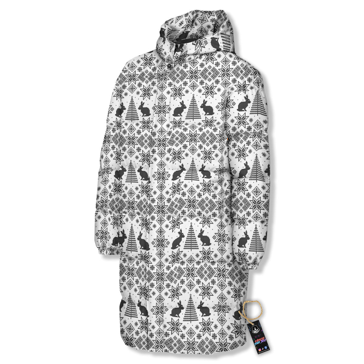 Knitted Snow Rabbit Print Pattern Long Down Jacket-grizzshop