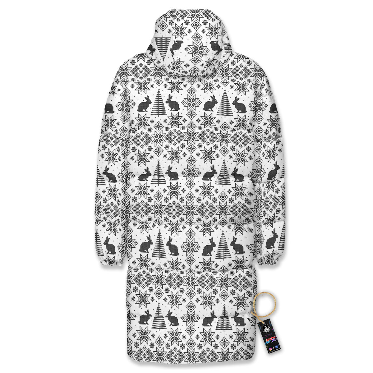 Knitted Snow Rabbit Print Pattern Long Down Jacket-grizzshop