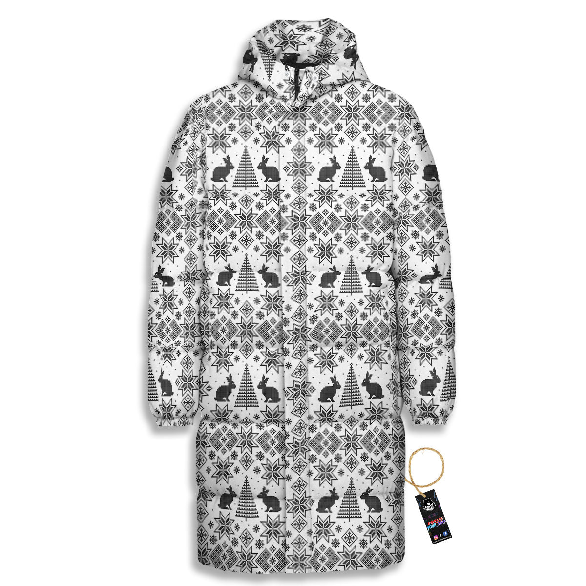 Knitted Snow Rabbit Print Pattern Long Down Jacket-grizzshop