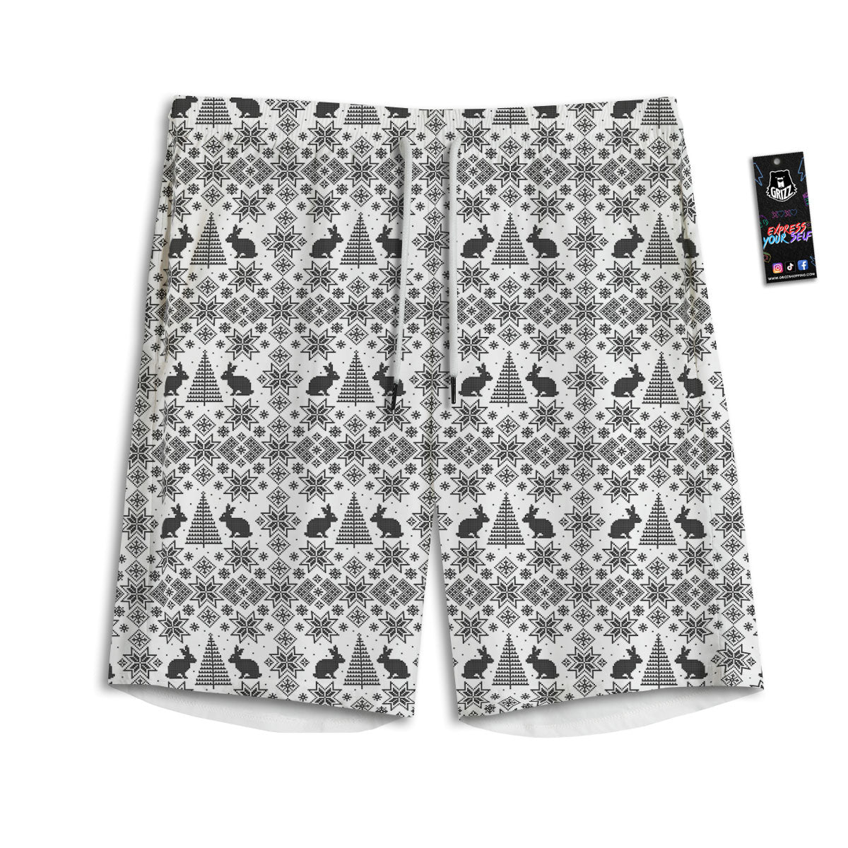 Knitted Snow Rabbit Print Pattern Men's Athletic Shorts