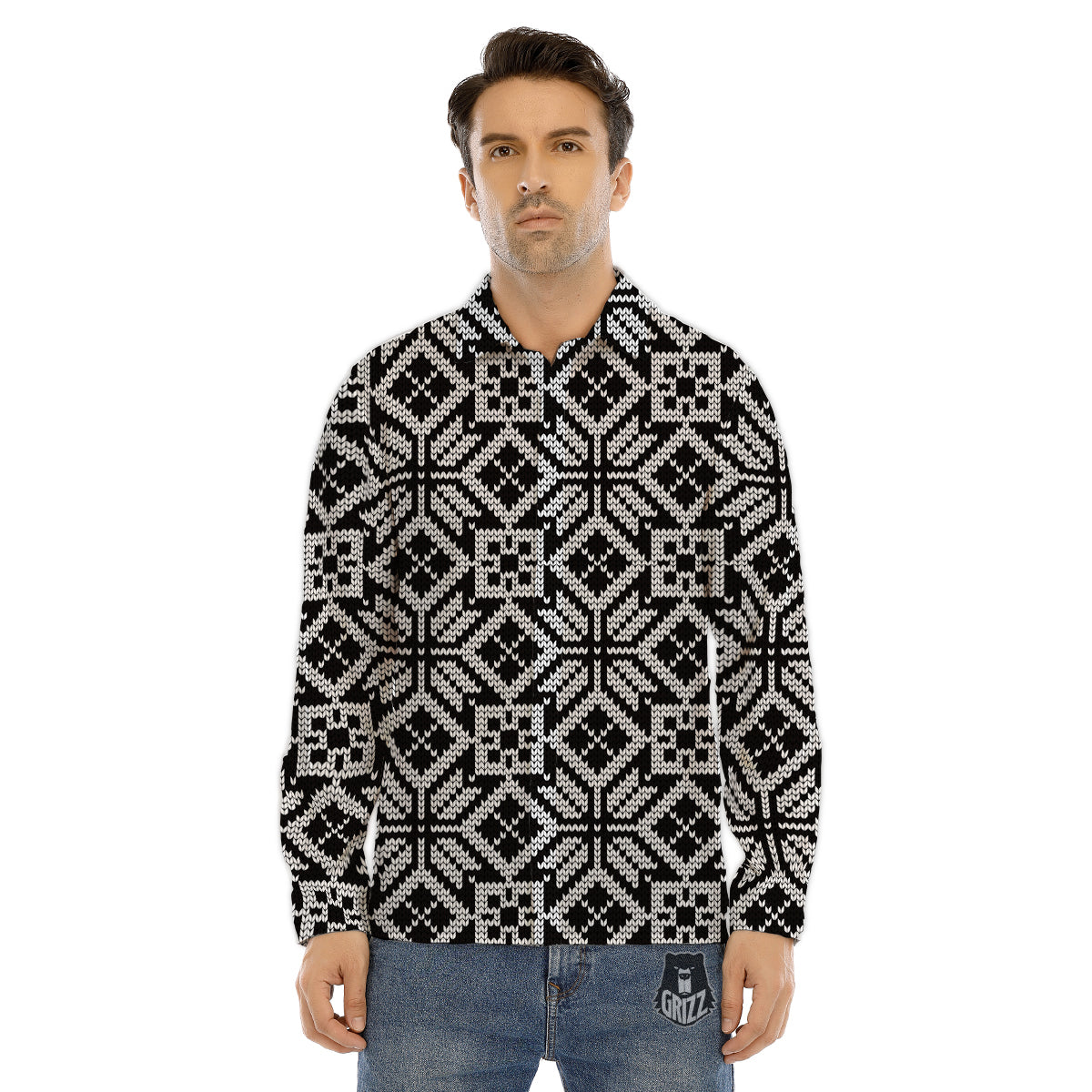 Knitted Snow Rabbit Print Pattern Men's Dress Shirts-grizzshop