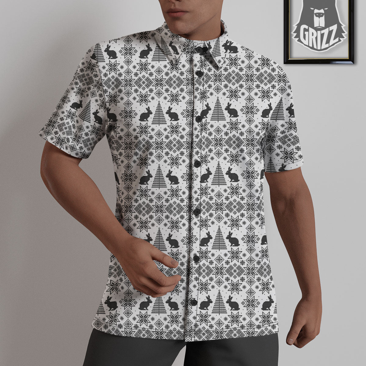 Knitted Snow Rabbit Print Pattern Untucked Shirts-grizzshop