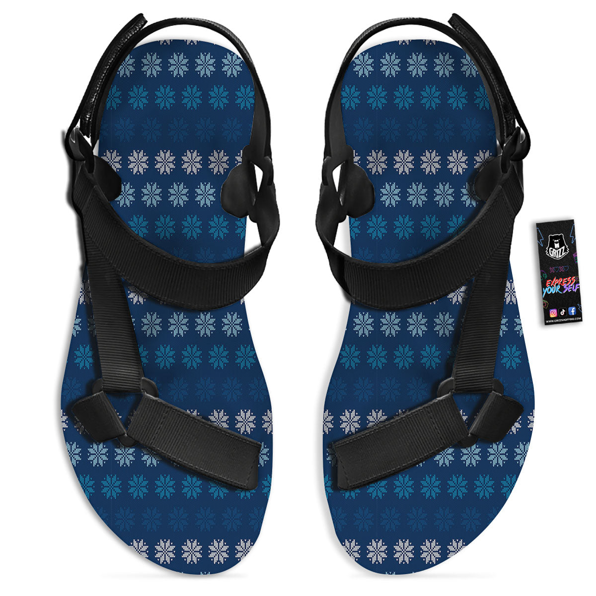 Knitted Snowflakes Print Pattern Black Open Toe Sandals-grizzshop