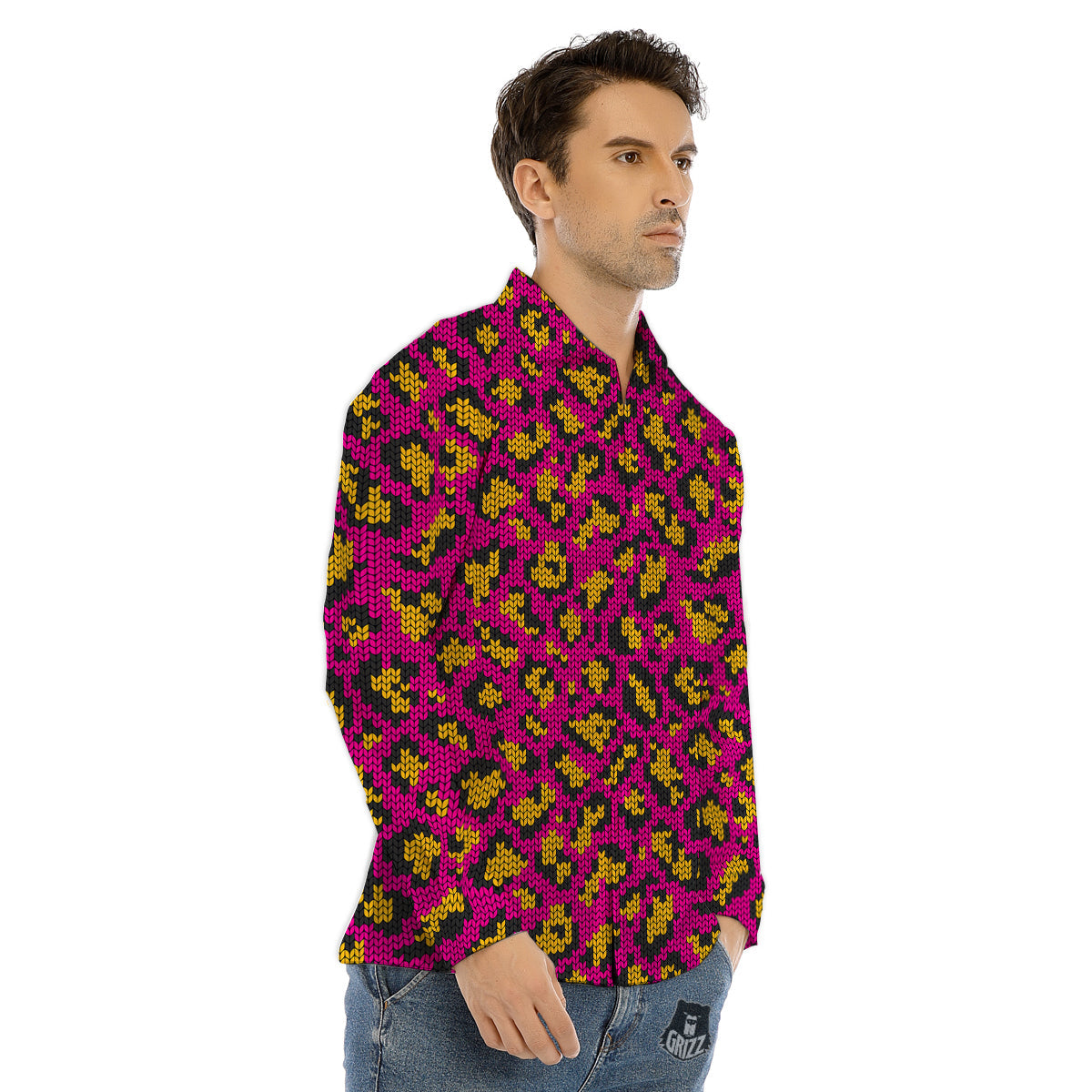 Knitted Snowflakes Print Pattern Men's Dress Shirts-grizzshop