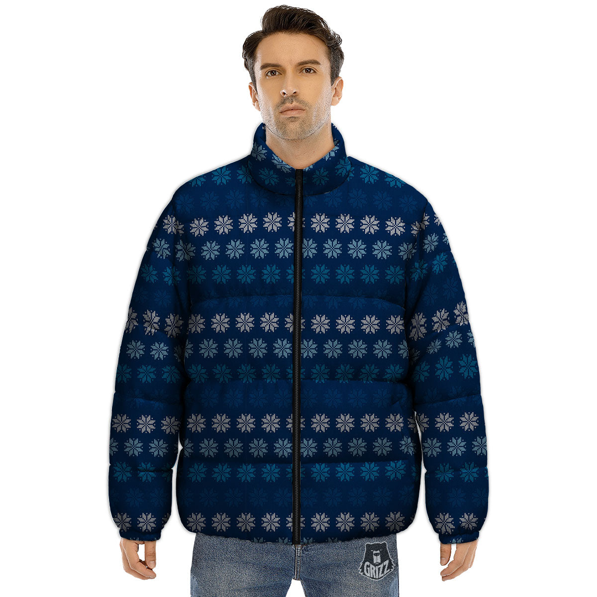 Knitted Snowflakes Print Pattern Puffer Jacket-grizzshop