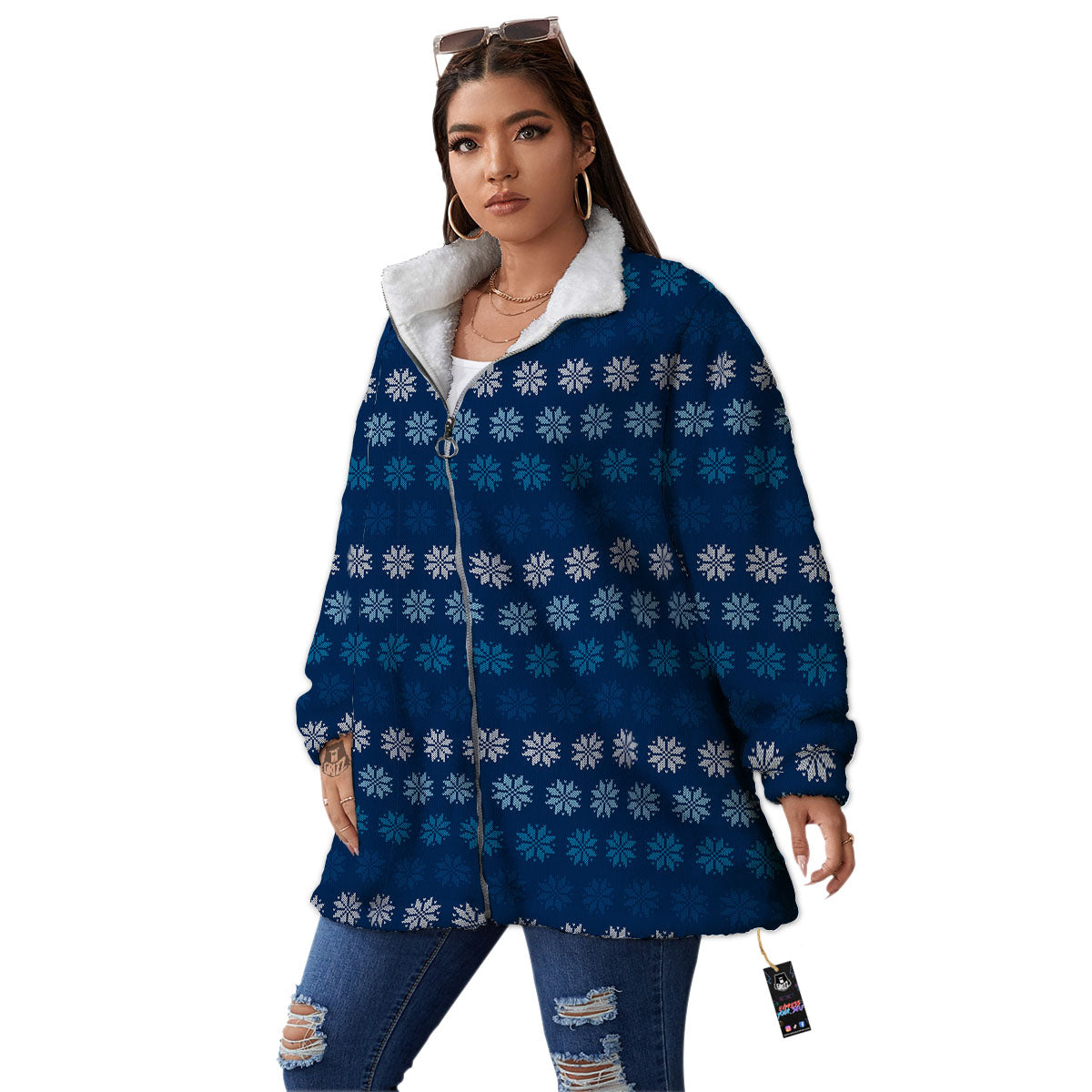 Knitted Snowflakes Print Pattern Women's Sherpa Jacket-grizzshop