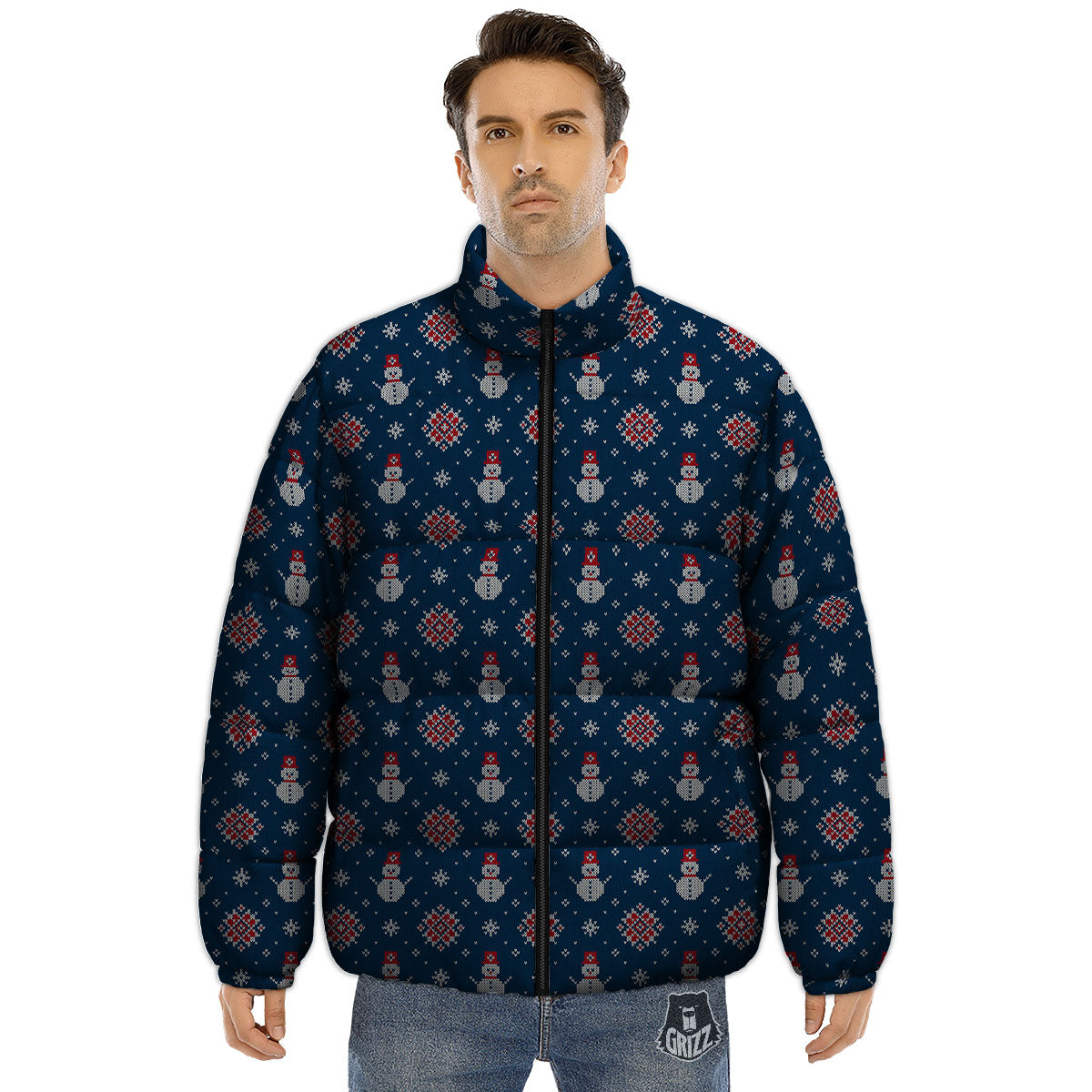 Knitted Snowman Print Pattern Puffer Jacket-grizzshop