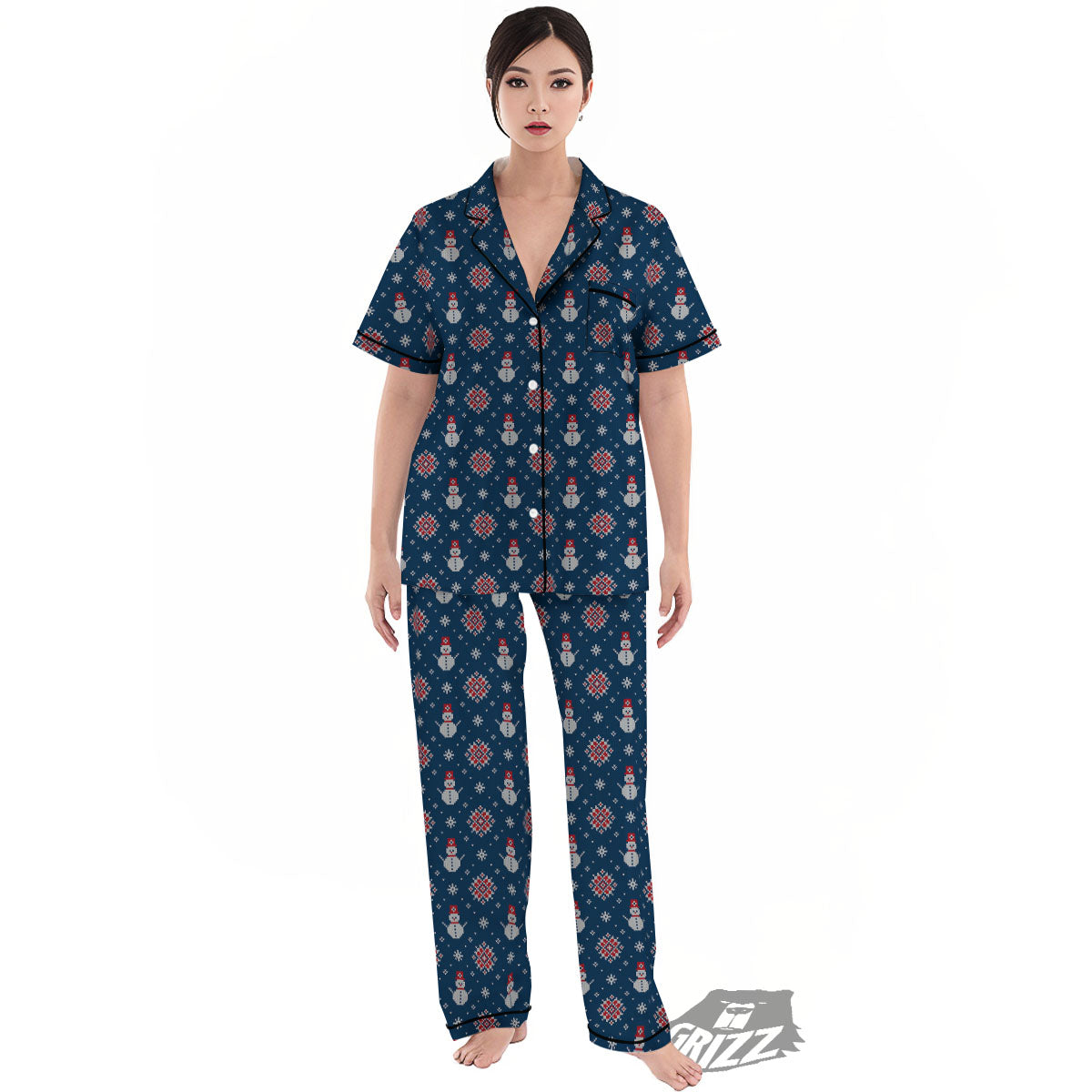 Knitted Snowman Print Pattern Women's Pajamas Set-grizzshop