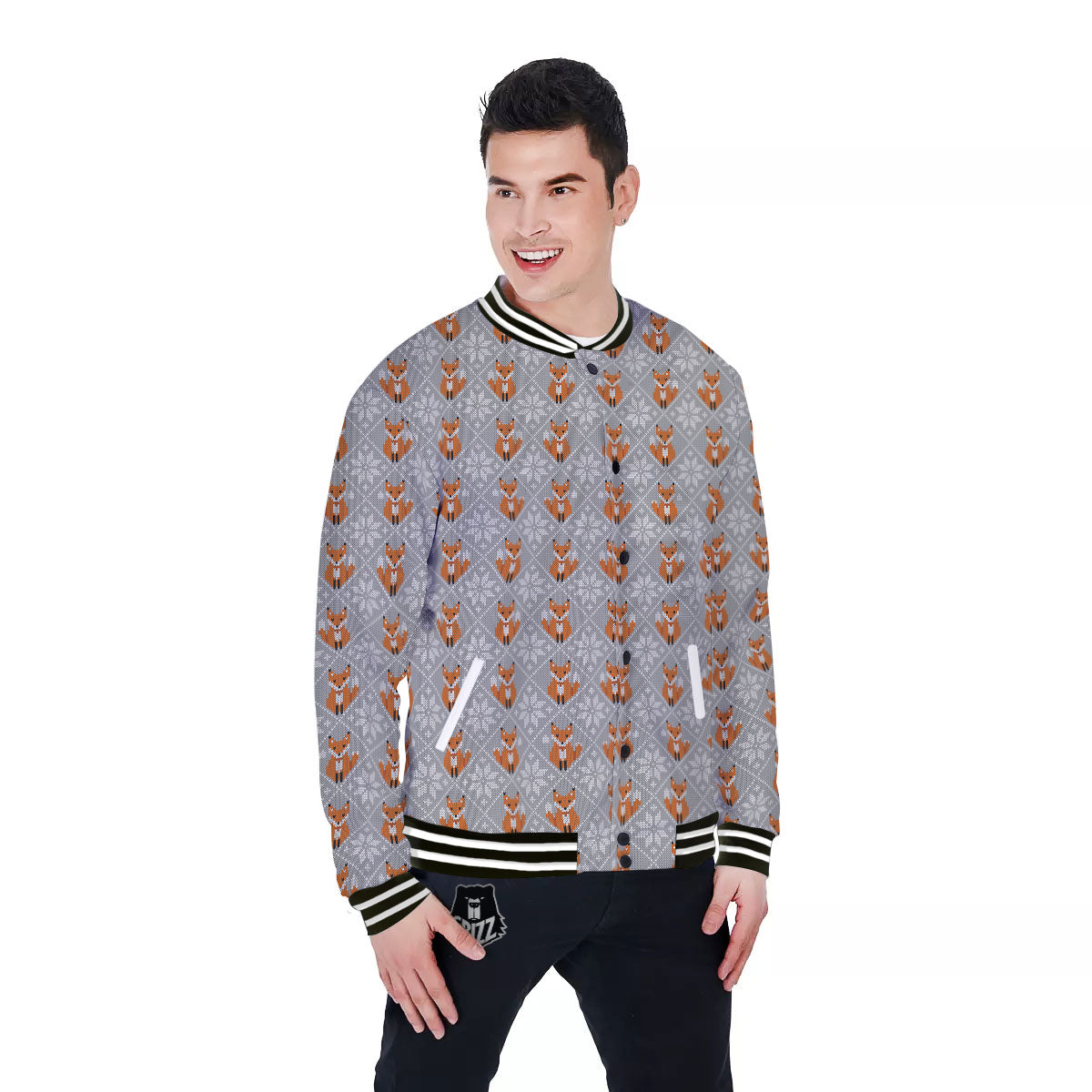 Knitted Snowy Fox Print Pattern Baseball Jacket-grizzshop