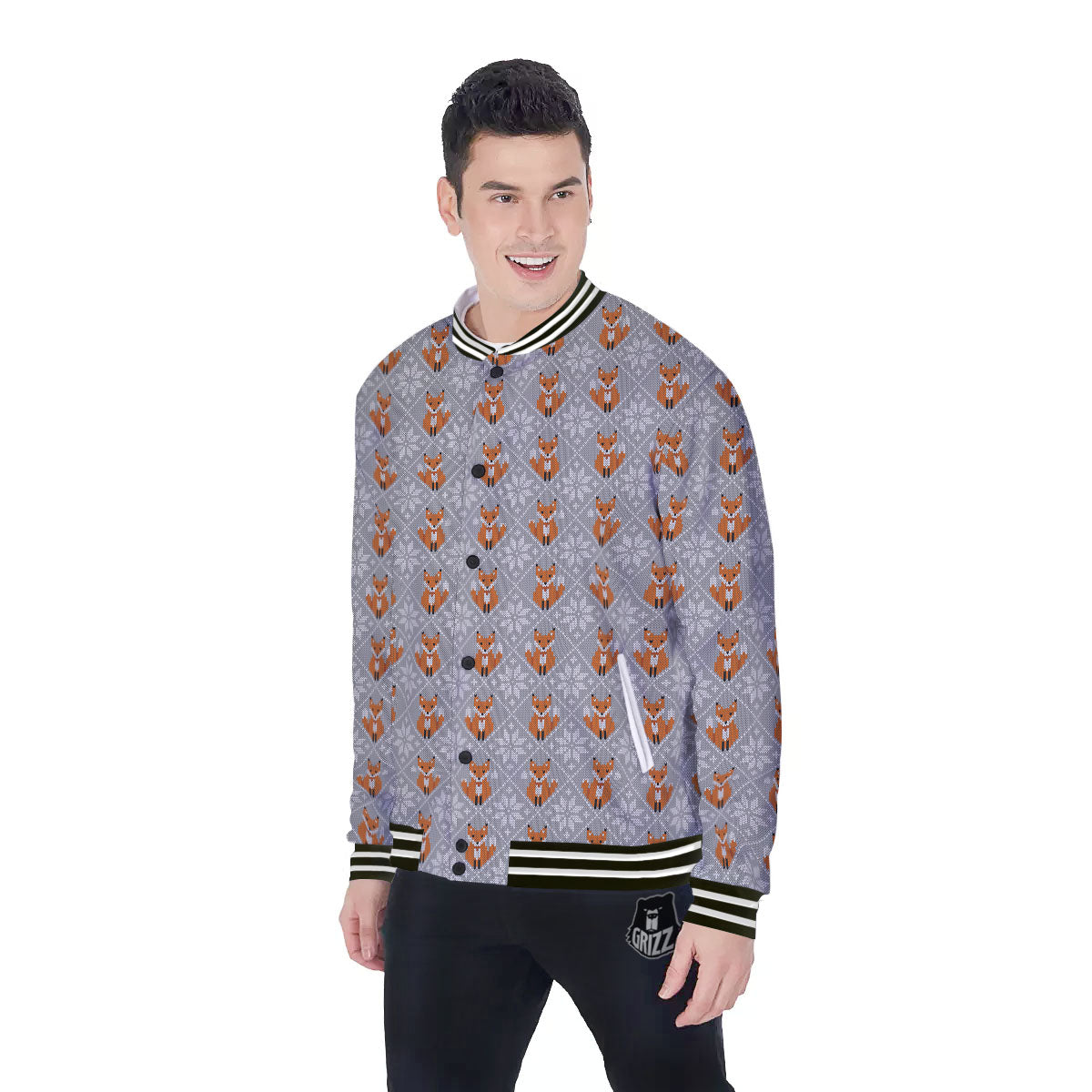 Knitted Snowy Fox Print Pattern Baseball Jacket-grizzshop