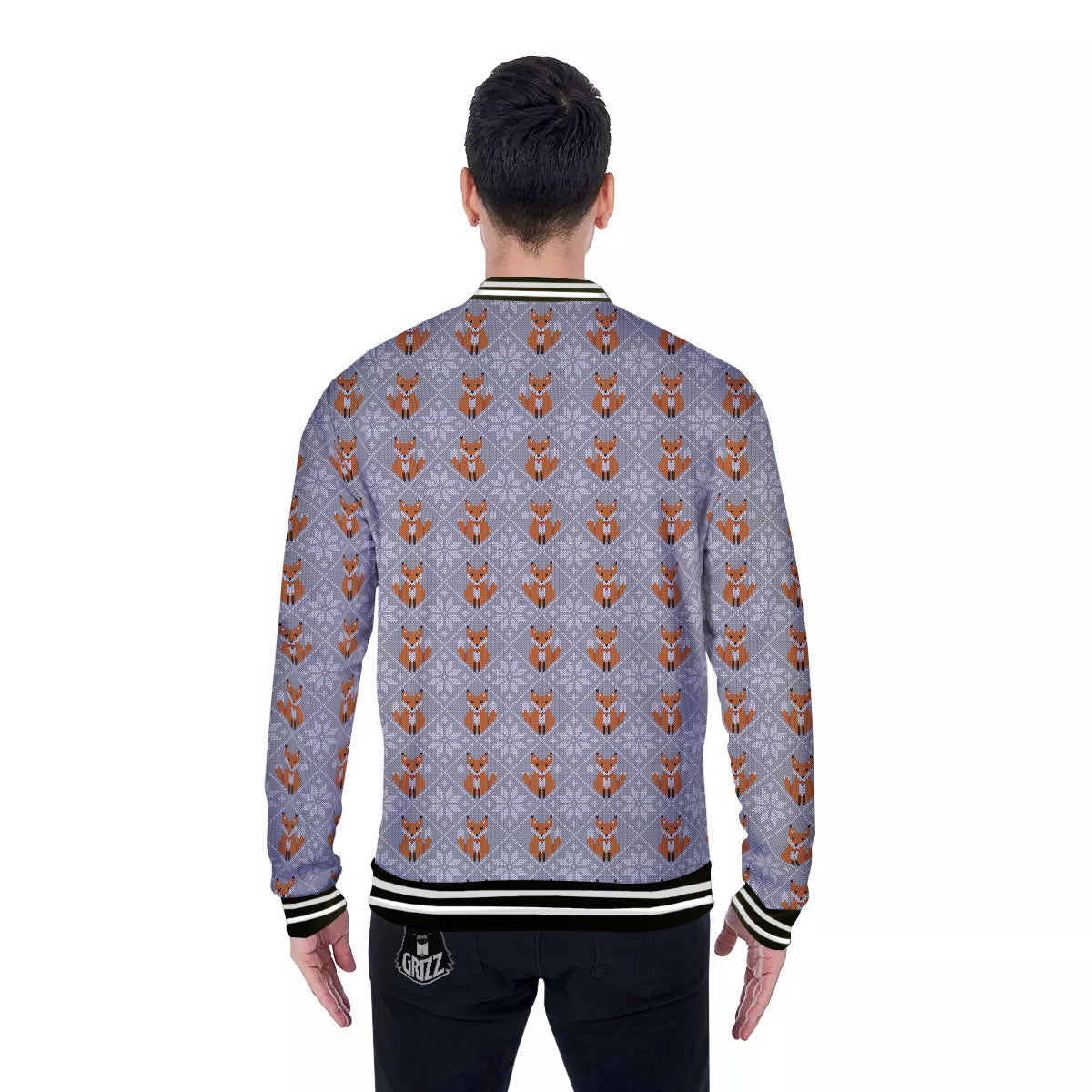 Knitted Snowy Fox Print Pattern Baseball Jacket-grizzshop