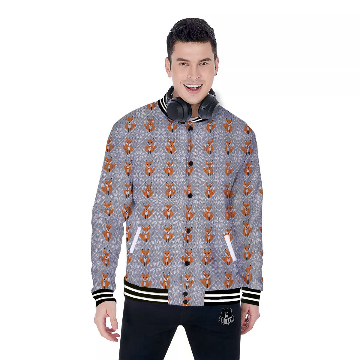 Knitted Snowy Fox Print Pattern Baseball Jacket-grizzshop