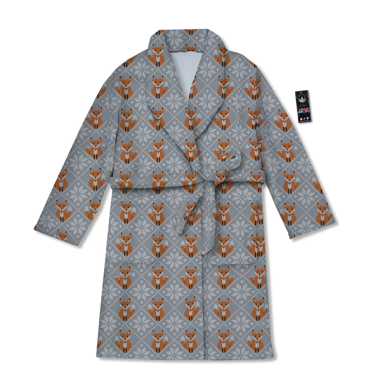 Knitted Snowy Fox Print Pattern Bathrobe-grizzshop