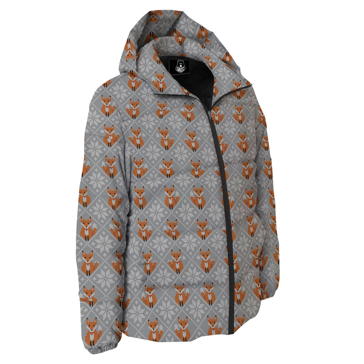Knitted Snowy Fox Print Pattern Down Jacket-grizzshop