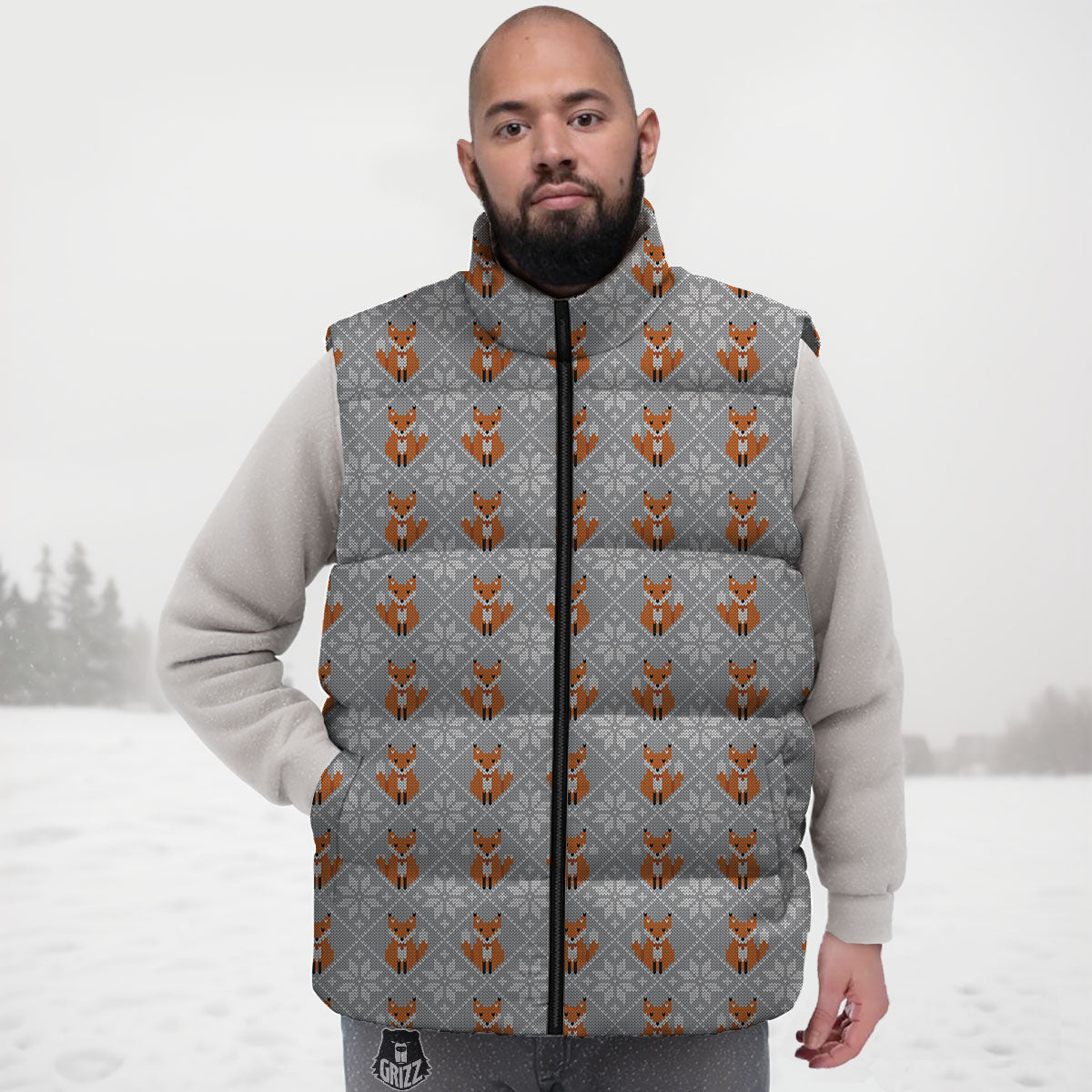 Knitted Snowy Fox Print Pattern Down Vest