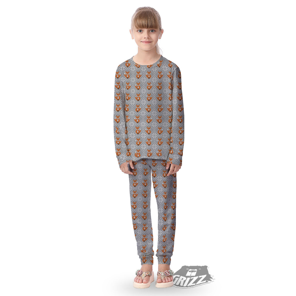 Knitted Snowy Fox Print Pattern Kid's Pajamas-grizzshop