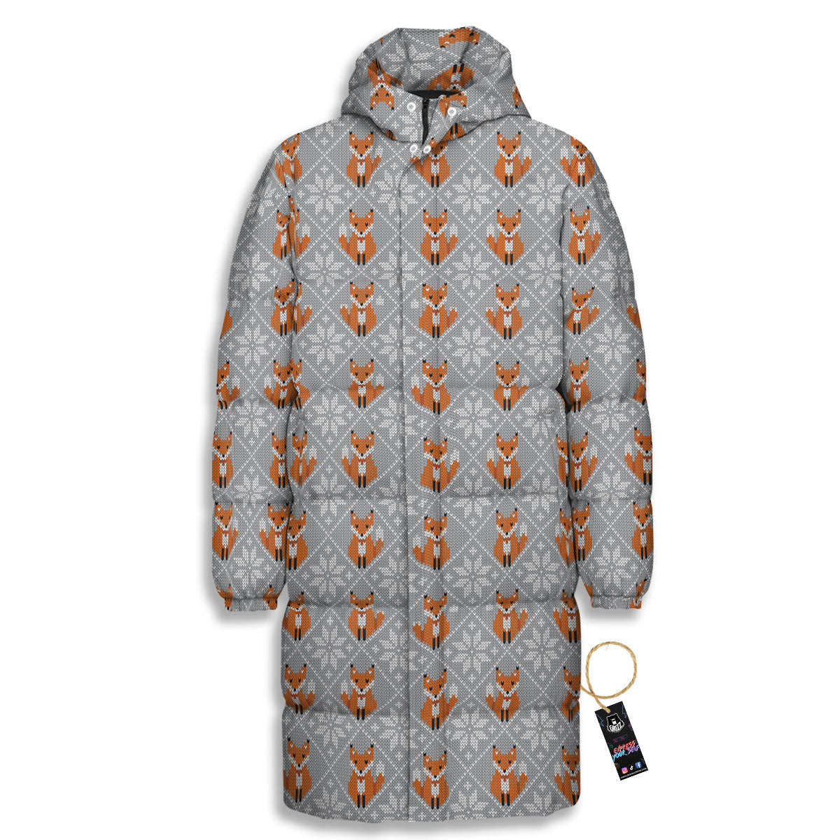 Knitted Snowy Fox Print Pattern Long Down Jacket-grizzshop