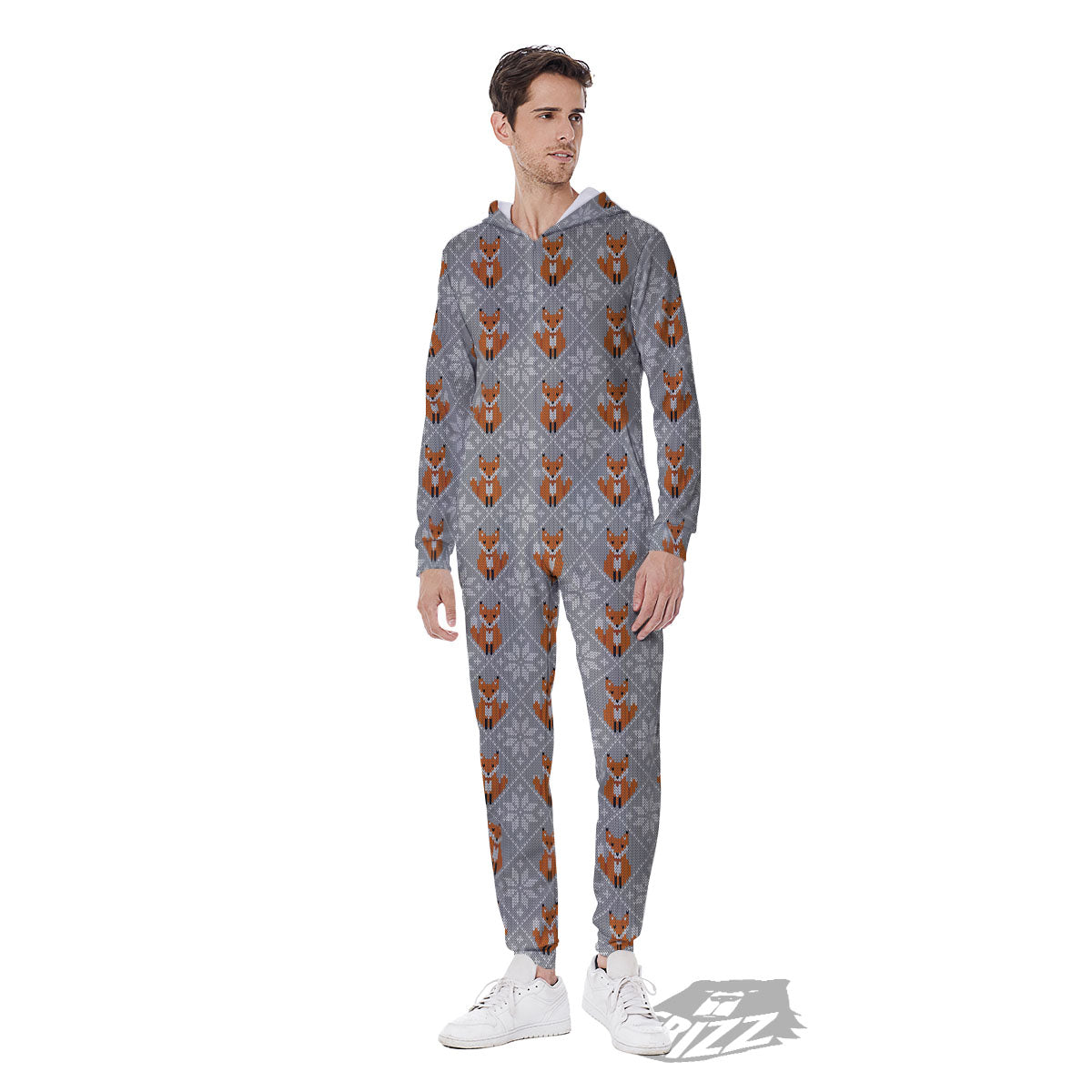 Knitted Snowy Fox Print Pattern Men's Jumpsuit-grizzshop