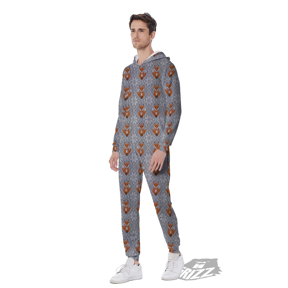 Knitted Snowy Fox Print Pattern Men's Jumpsuit-grizzshop
