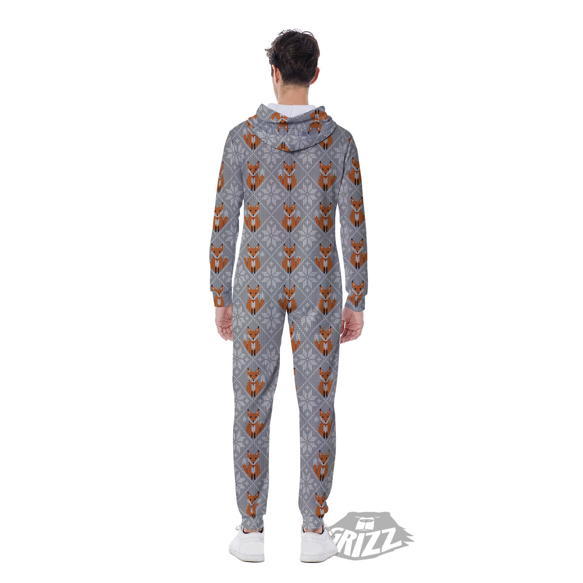 Knitted Snowy Fox Print Pattern Men's Jumpsuit-grizzshop