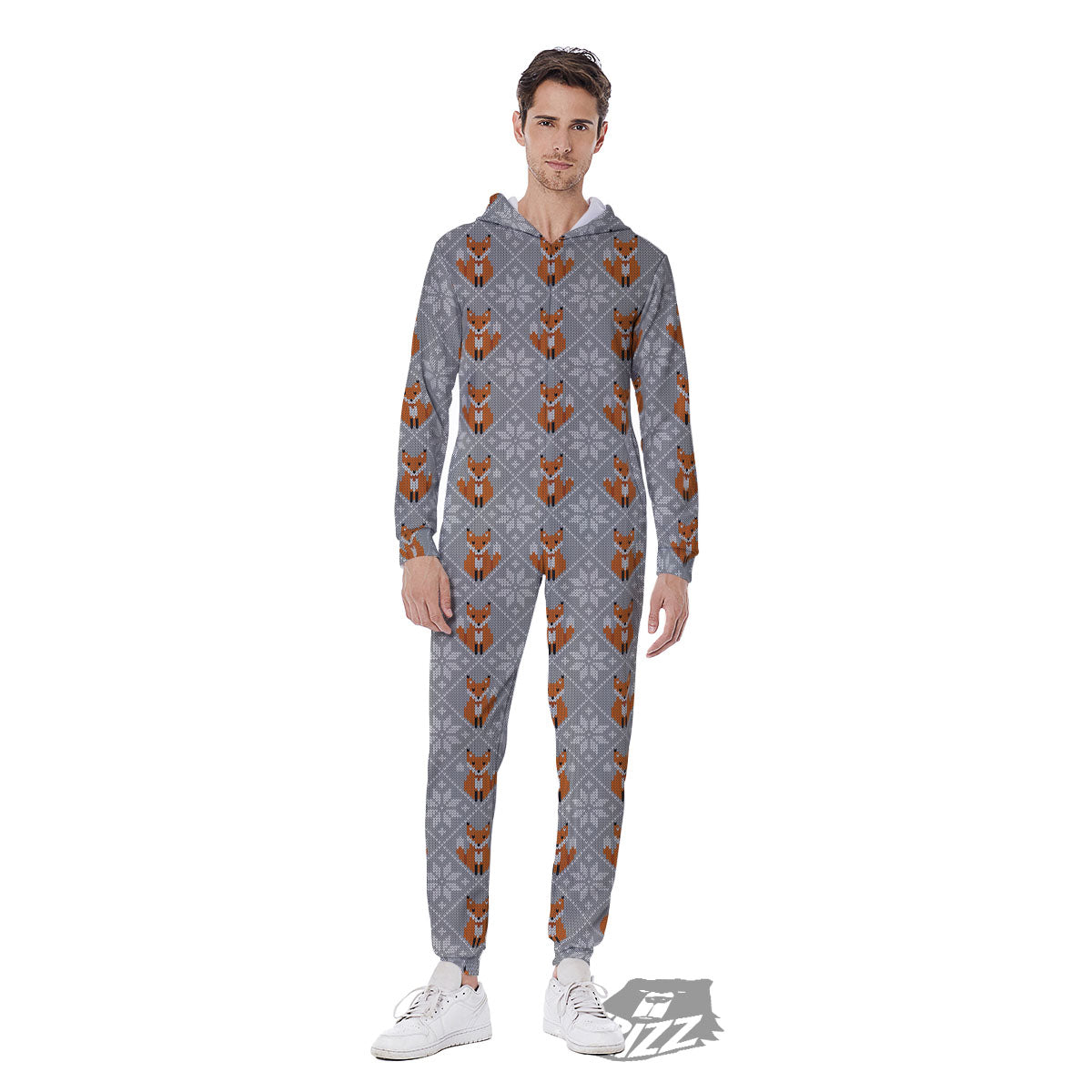 Knitted Snowy Fox Print Pattern Men's Jumpsuit-grizzshop