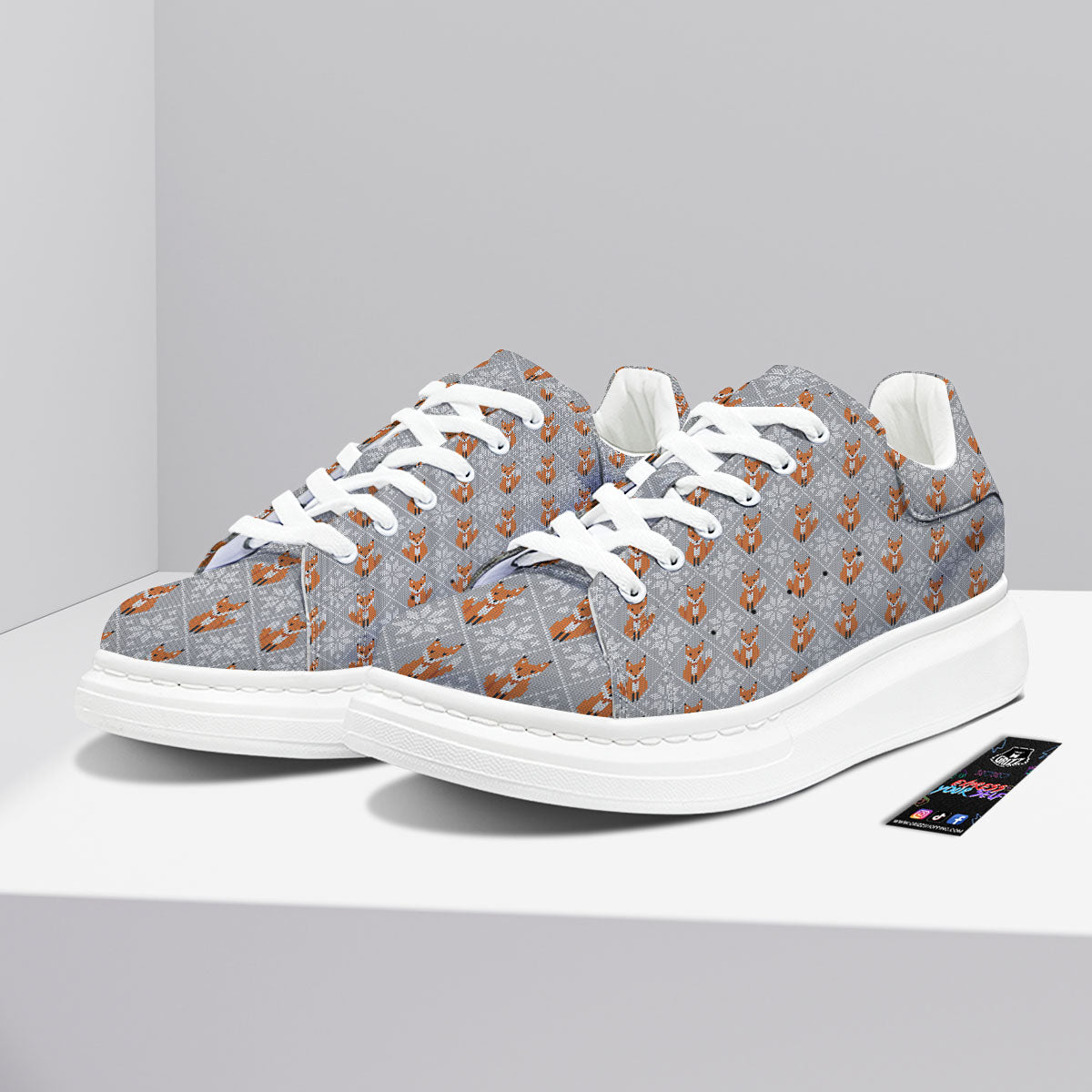 Knitted Snowy Fox Print Pattern Platform Shoes-grizzshop