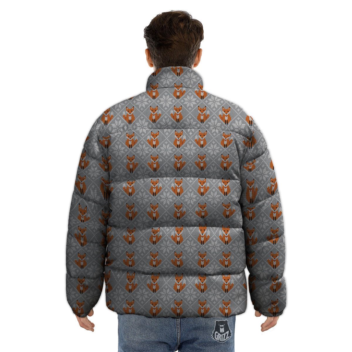 Knitted Snowy Fox Print Pattern Puffer Jacket-grizzshop