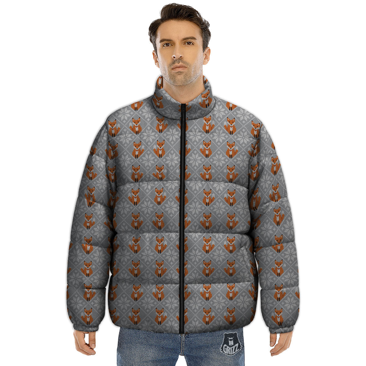 Knitted Snowy Fox Print Pattern Puffer Jacket-grizzshop