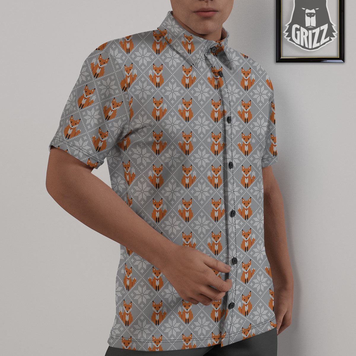 Knitted Snowy Fox Print Pattern Untucked Shirts-grizzshop