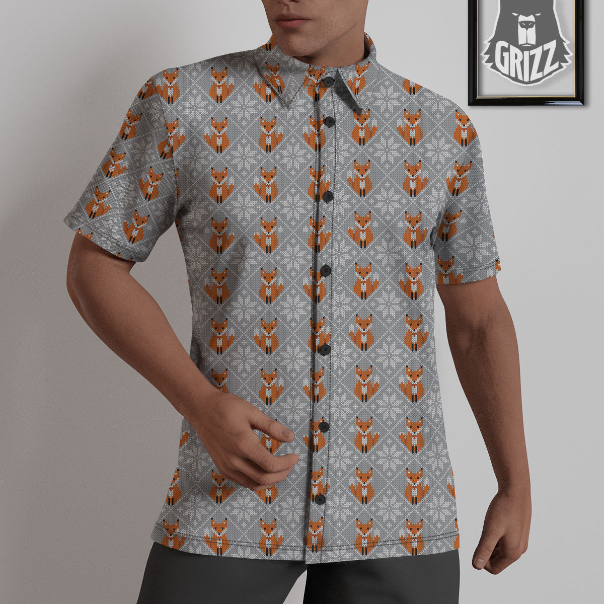 Knitted Snowy Fox Print Pattern Untucked Shirts-grizzshop