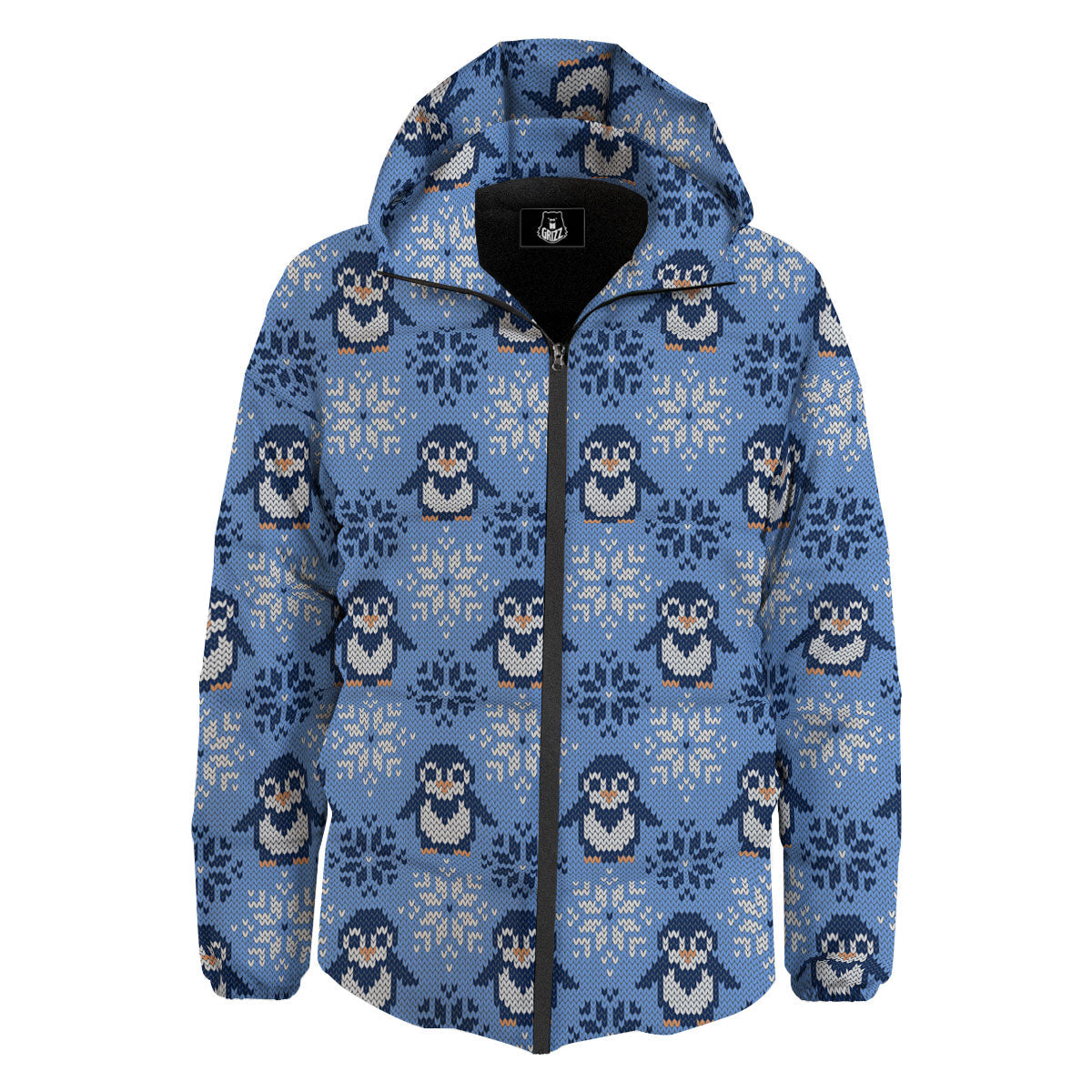 Knitted Snowy Penguin Print Pattern Down Jacket-grizzshop