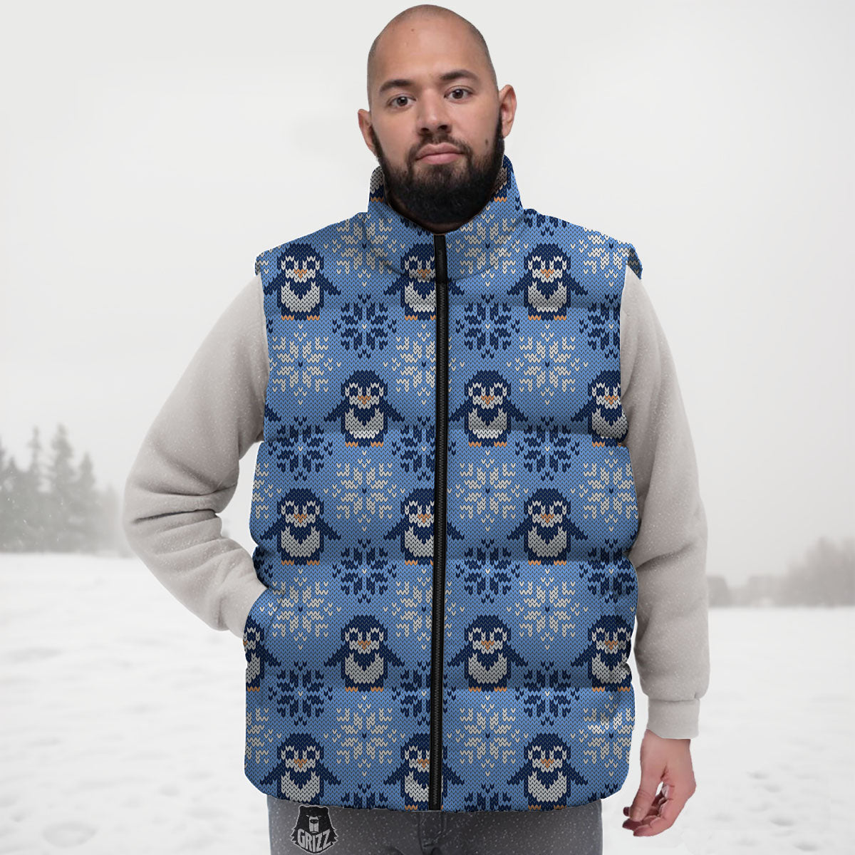 Knitted Snowy Penguin Print Pattern Down Vest