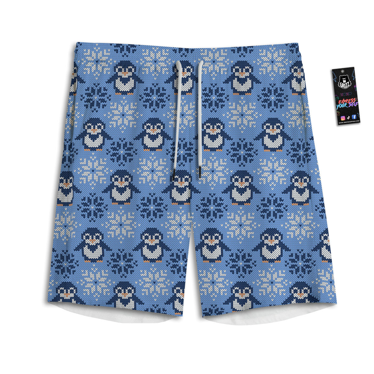 Knitted Snowy Penguin Print Pattern Men's Athletic Shorts