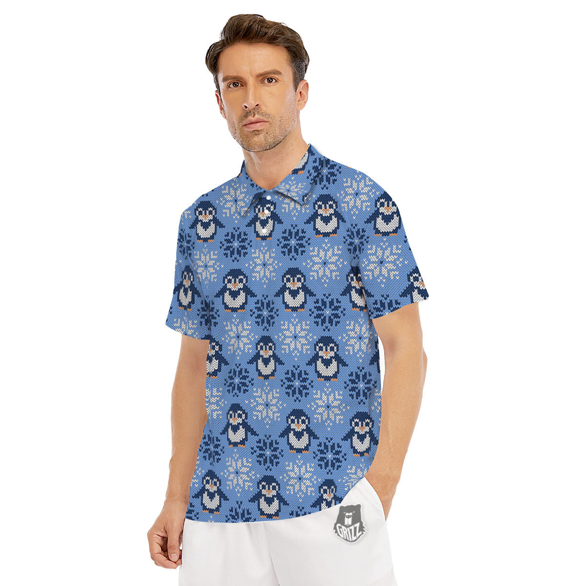 Knitted Snowy Penguin Print Pattern Men's Golf Shirts-grizzshop