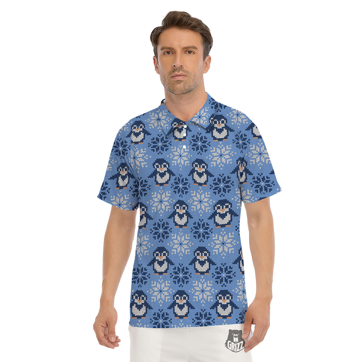 Knitted Snowy Penguin Print Pattern Men's Golf Shirts-grizzshop