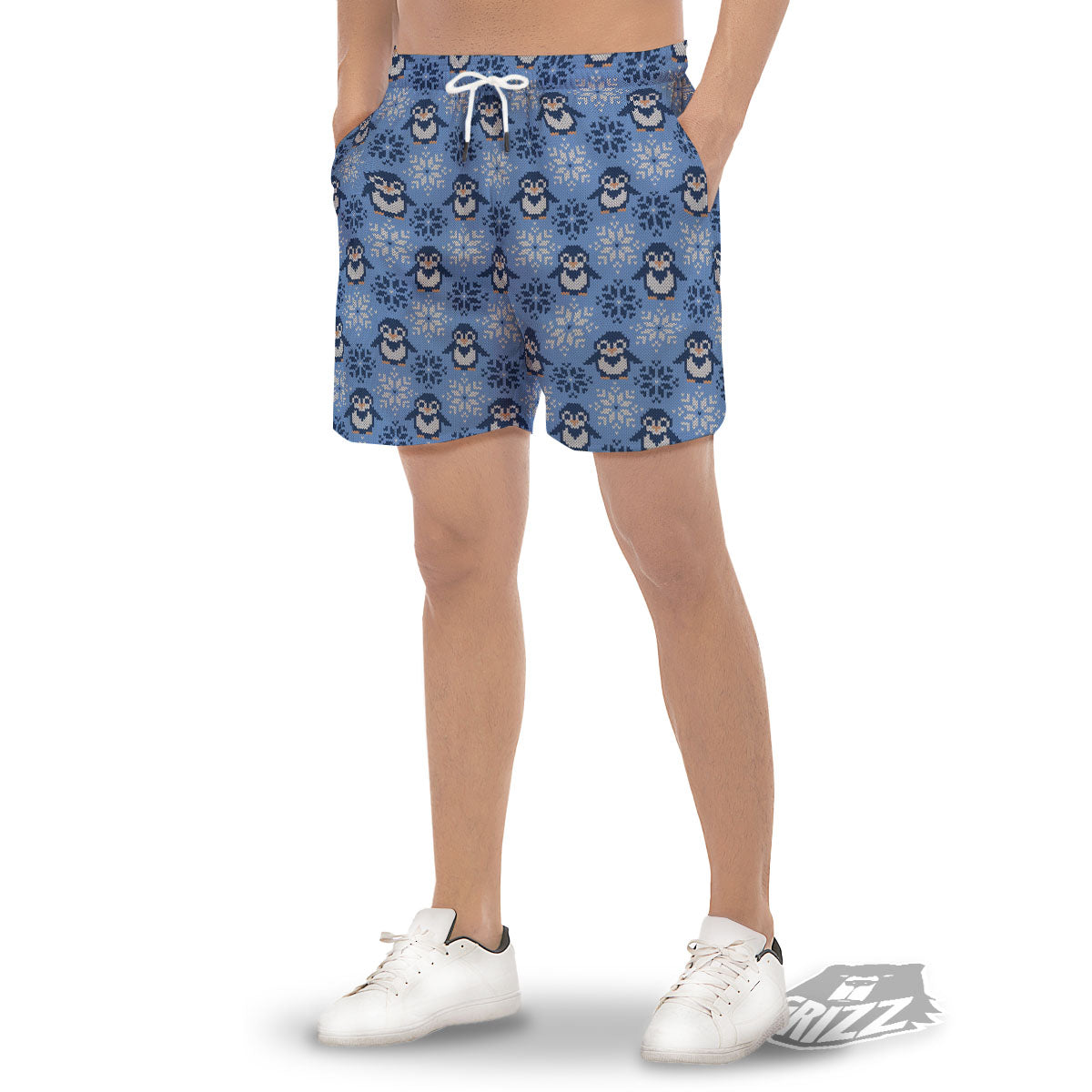 Knitted Snowy Penguin Print Pattern Men's Gym Shorts-grizzshop