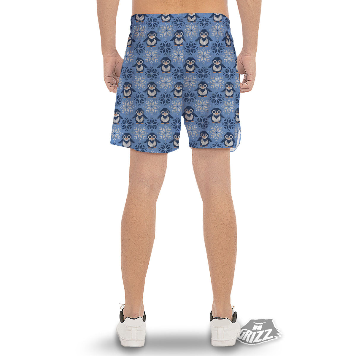 Knitted Snowy Penguin Print Pattern Men's Gym Shorts-grizzshop