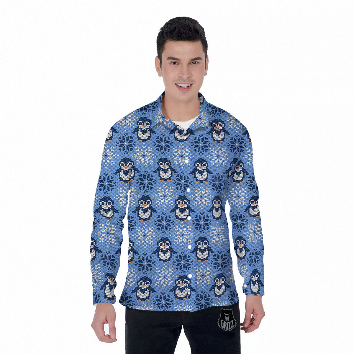 Knitted Snowy Penguin Print Pattern Men's Long Sleeve Shirts-grizzshop