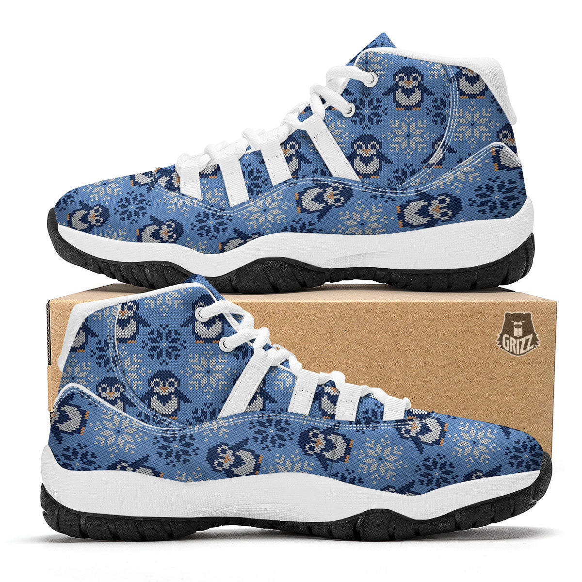 Knitted Snowy Penguin Print Pattern White Bball Shoes-grizzshop